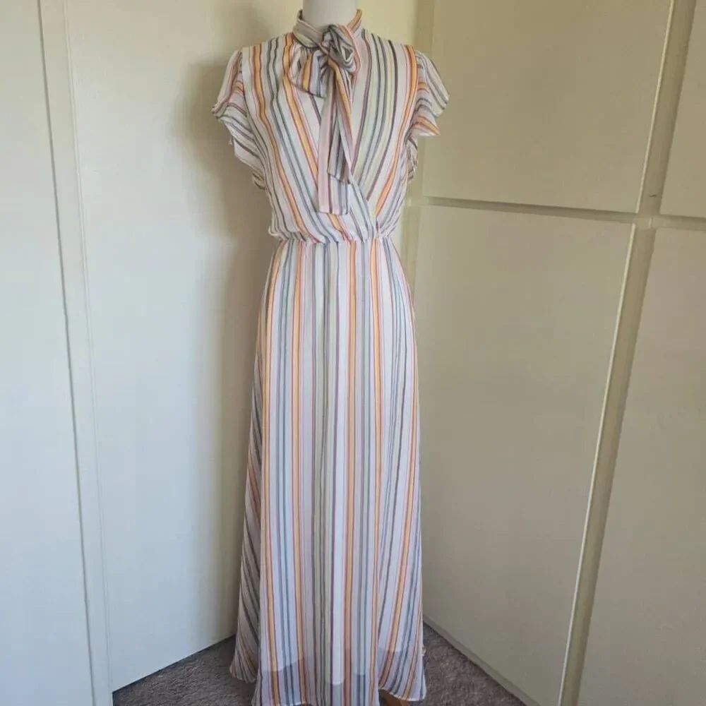 Jenn White/Red/Yellow/Teal Stripe Maxi Dress, Flutter Slv, Tie Neck, NWOT, S